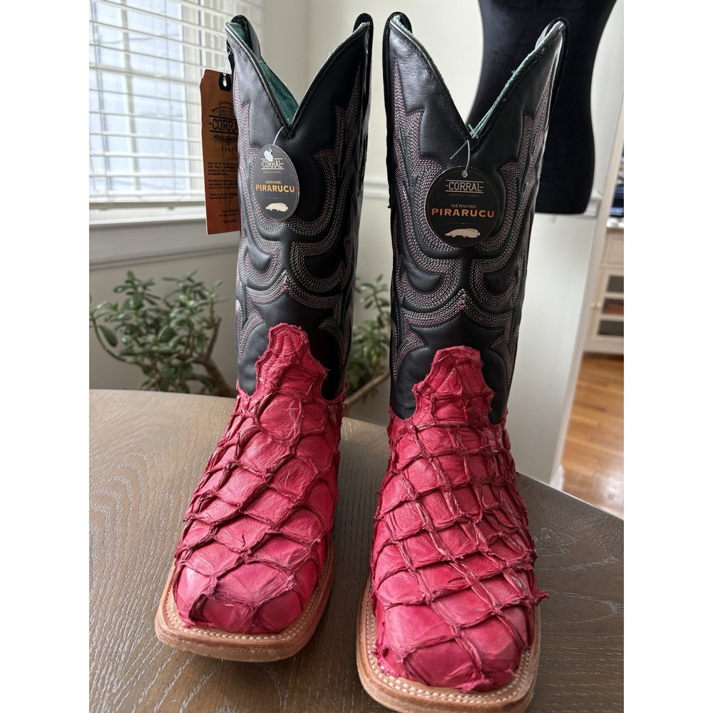 Corral Women Pink Pirarucu Fish Skin Black Leather Western Boot A4386 Square Toe - Picture 4 of 13